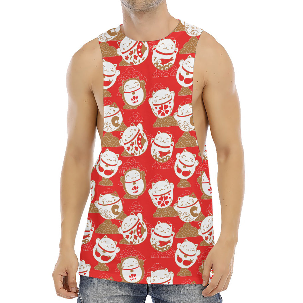 Japanese Lucky Cat Pattern Print Men's Muscle Tank Top