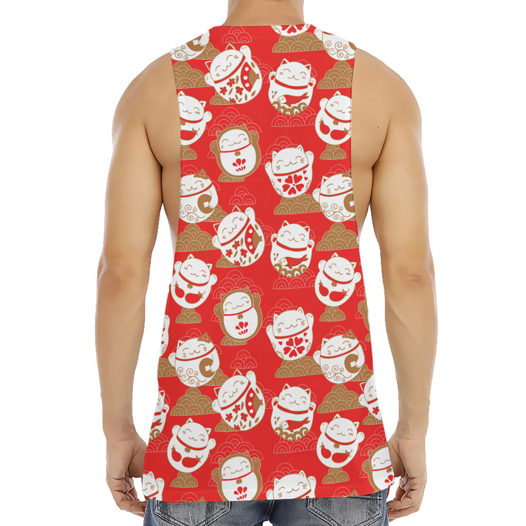 Japanese Lucky Cat Pattern Print Men's Muscle Tank Top
