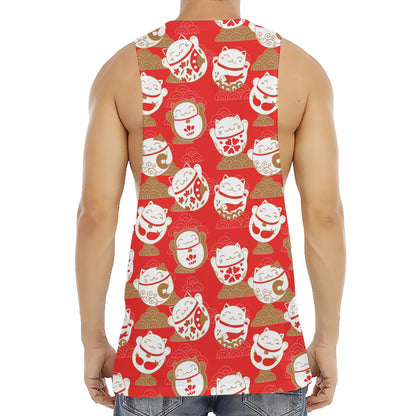 Japanese Lucky Cat Pattern Print Men's Muscle Tank Top