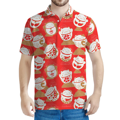 Japanese Lucky Cat Pattern Print Men's Polo Shirt