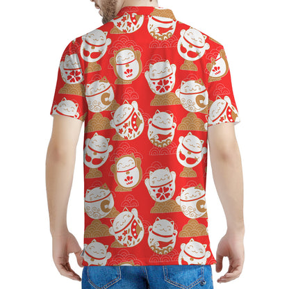 Japanese Lucky Cat Pattern Print Men's Polo Shirt