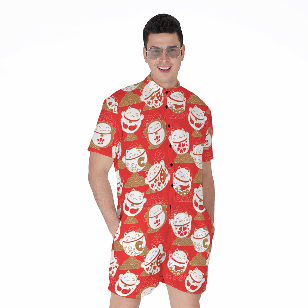 Japanese Lucky Cat Pattern Print Men's Rompers