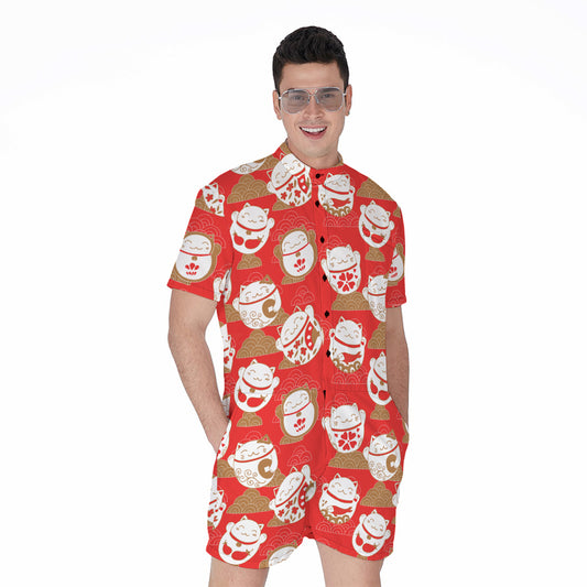 Japanese Lucky Cat Pattern Print Men's Rompers