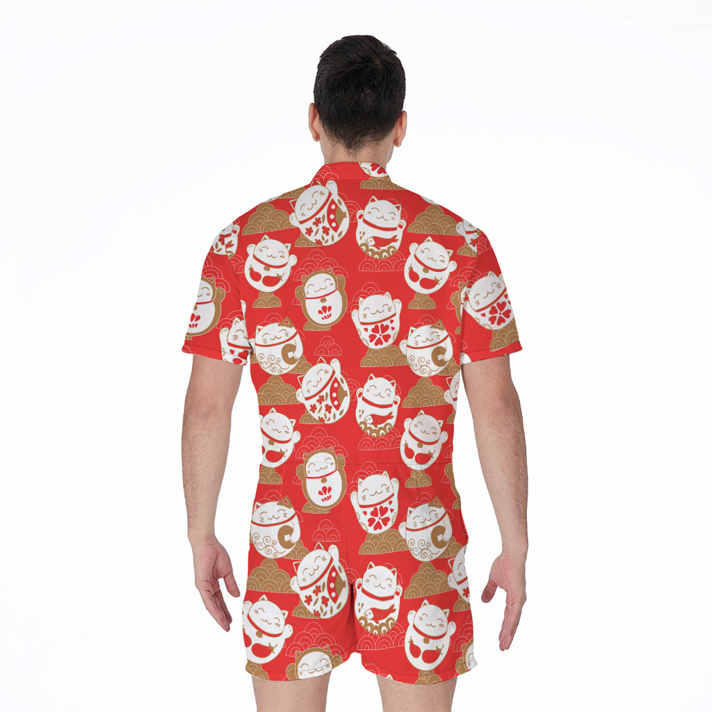 Japanese Lucky Cat Pattern Print Men's Rompers