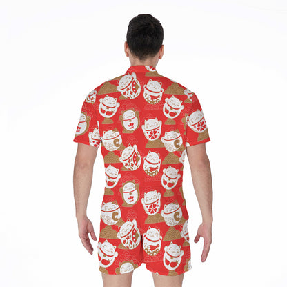 Japanese Lucky Cat Pattern Print Men's Rompers
