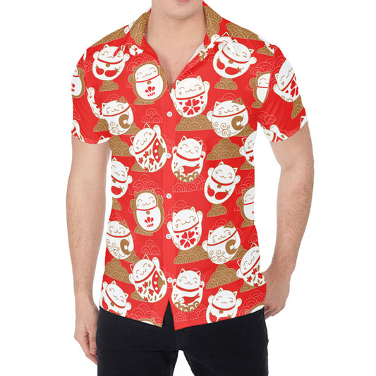 Japanese Lucky Cat Pattern Print Men's Shirt