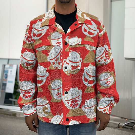 Japanese Lucky Cat Pattern Print Men's Shirt Jacket