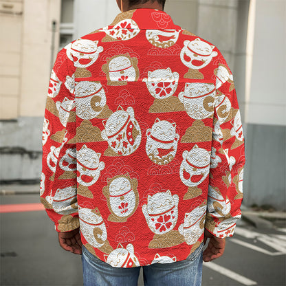 Japanese Lucky Cat Pattern Print Men's Shirt Jacket