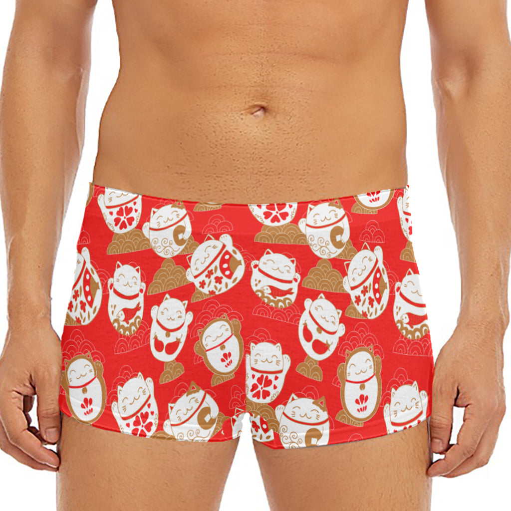 Japanese Lucky Cat Pattern Print Men's Short Boxer Briefs