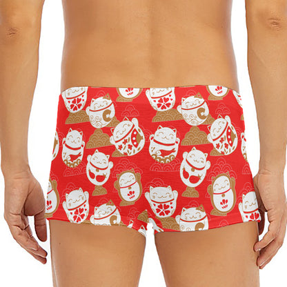 Japanese Lucky Cat Pattern Print Men's Short Boxer Briefs