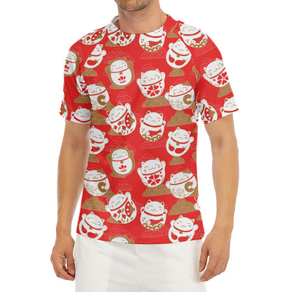 Japanese Lucky Cat Pattern Print Men's Short Sleeve Rash Guard