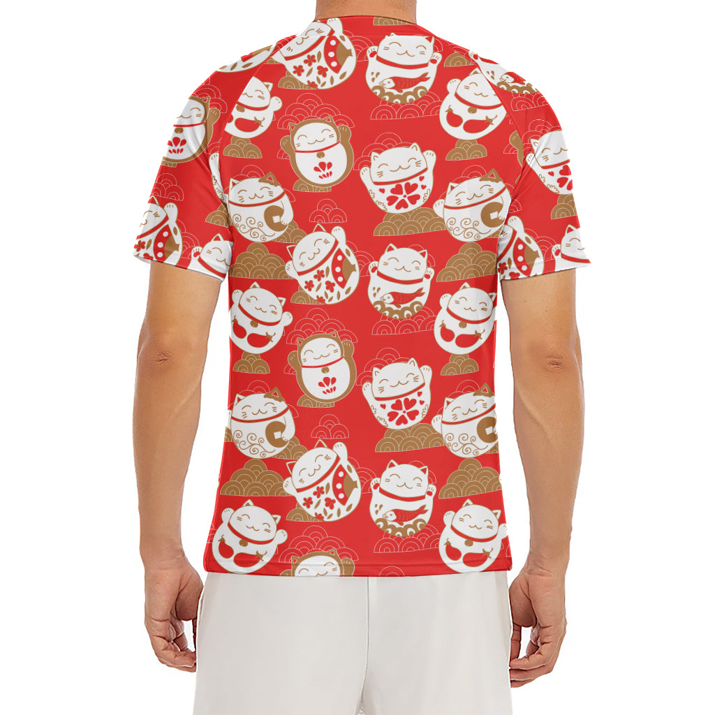 Japanese Lucky Cat Pattern Print Men's Short Sleeve Rash Guard