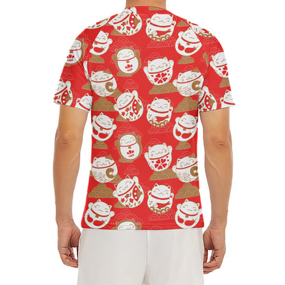 Japanese Lucky Cat Pattern Print Men's Short Sleeve Rash Guard