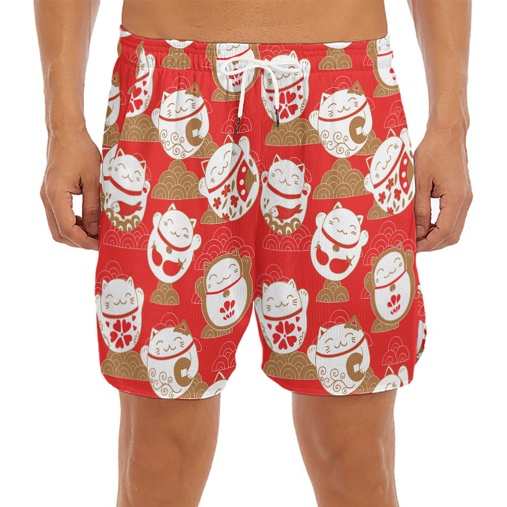 Japanese Lucky Cat Pattern Print Men's Split Running Shorts
