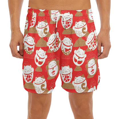 Japanese Lucky Cat Pattern Print Men's Split Running Shorts