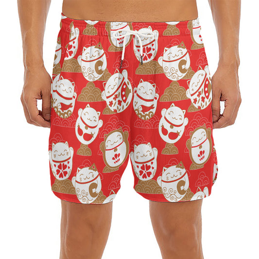 Japanese Lucky Cat Pattern Print Men's Split Running Shorts