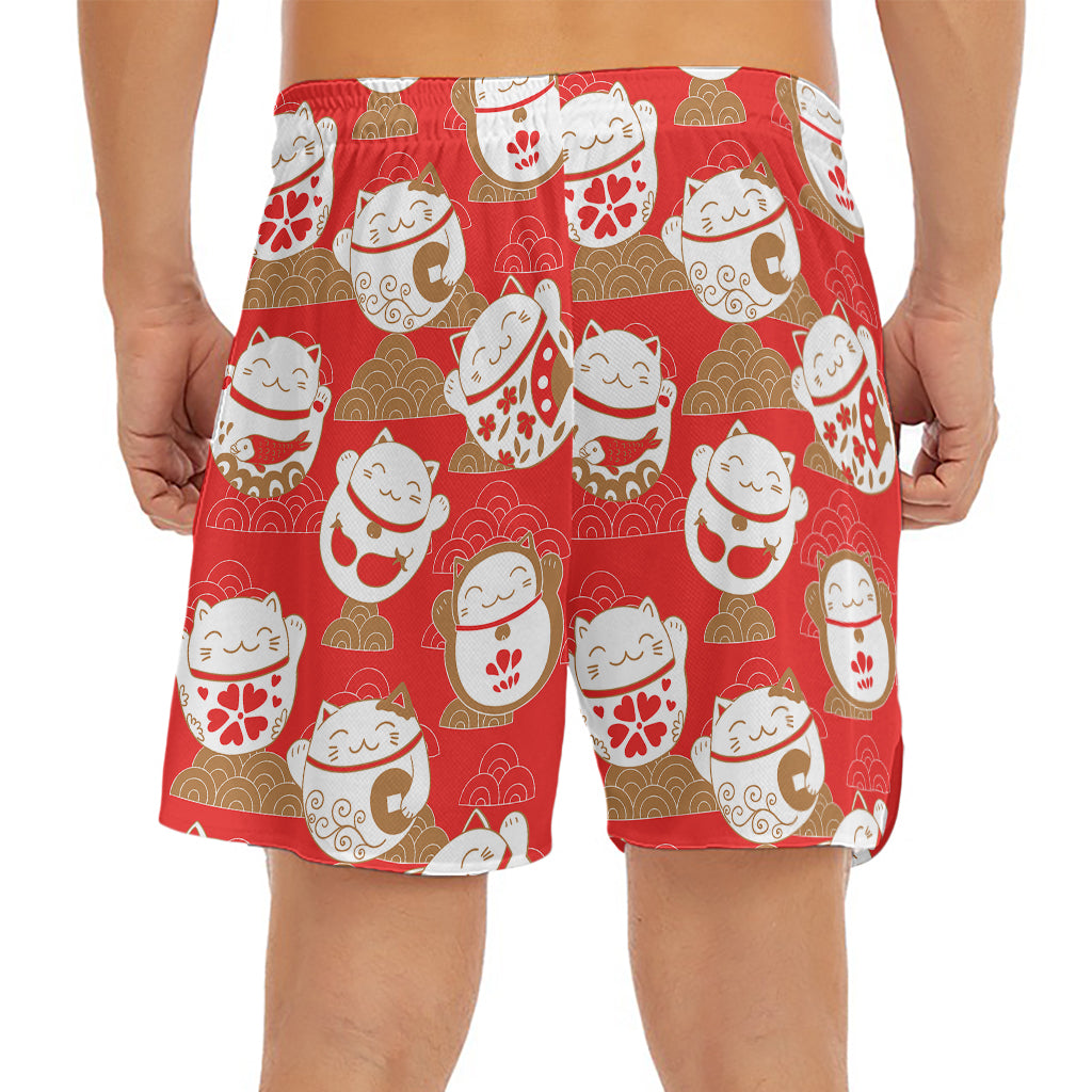 Japanese Lucky Cat Pattern Print Men's Split Running Shorts