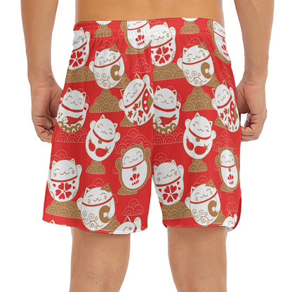 Japanese Lucky Cat Pattern Print Men's Split Running Shorts