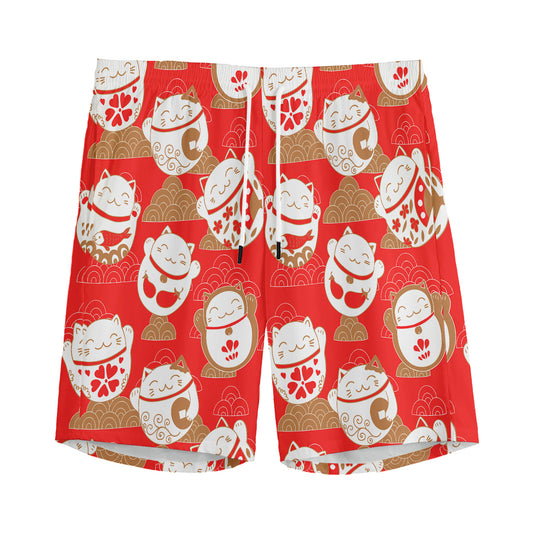 Japanese Lucky Cat Pattern Print Men's Sports Shorts