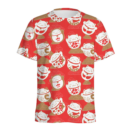 Japanese Lucky Cat Pattern Print Men's Sports T-Shirt