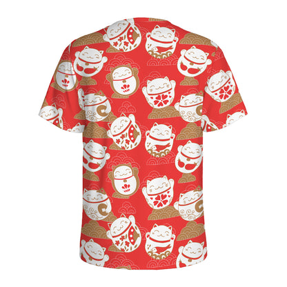 Japanese Lucky Cat Pattern Print Men's Sports T-Shirt