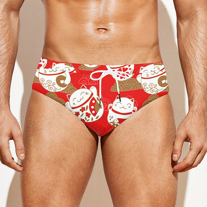 Japanese Lucky Cat Pattern Print Men's Swim Briefs