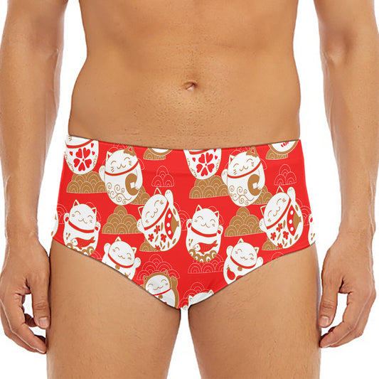 Japanese Lucky Cat Pattern Print Men's Triangle Swim Briefs