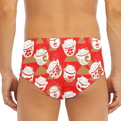 Japanese Lucky Cat Pattern Print Men's Triangle Swim Briefs