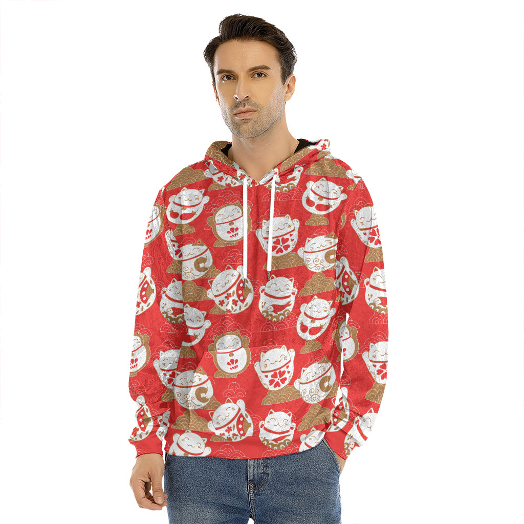 Japanese Lucky Cat Pattern Print Men's Velvet Pullover Hoodie