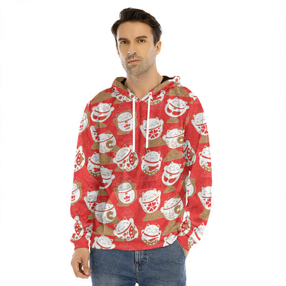 Japanese Lucky Cat Pattern Print Men's Velvet Pullover Hoodie