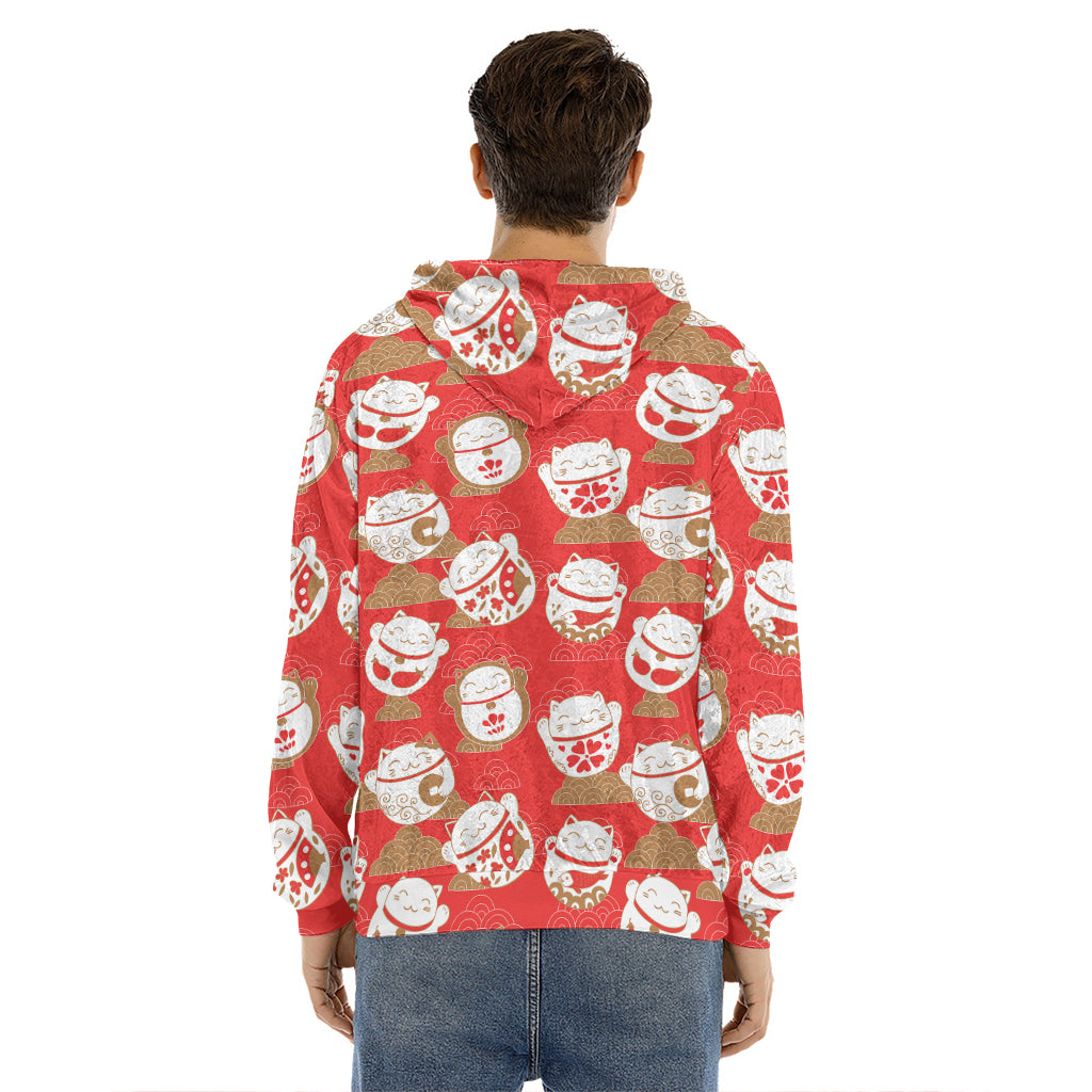 Japanese Lucky Cat Pattern Print Men's Velvet Pullover Hoodie