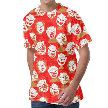 Japanese Lucky Cat Pattern Print Men's Velvet T-Shirt