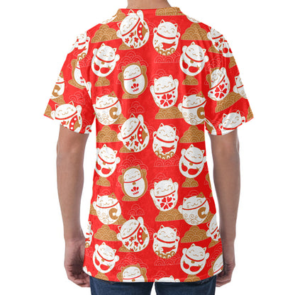 Japanese Lucky Cat Pattern Print Men's Velvet T-Shirt