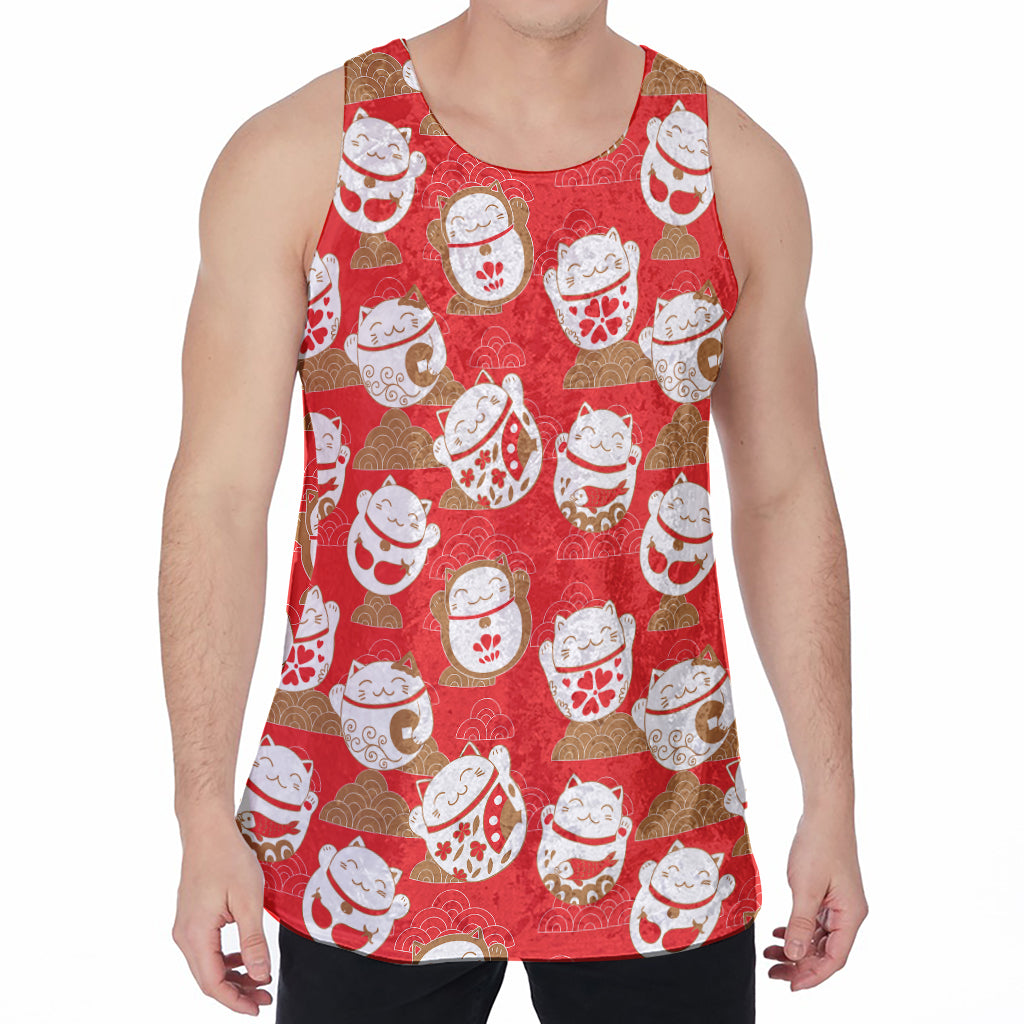 Japanese Lucky Cat Pattern Print Men's Velvet Tank Top