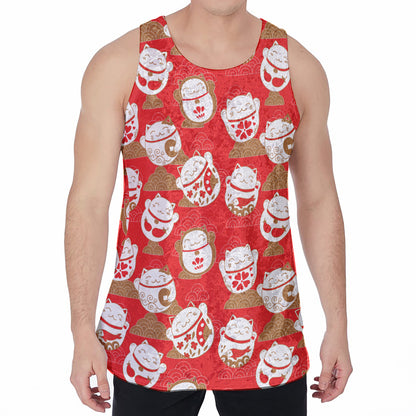 Japanese Lucky Cat Pattern Print Men's Velvet Tank Top