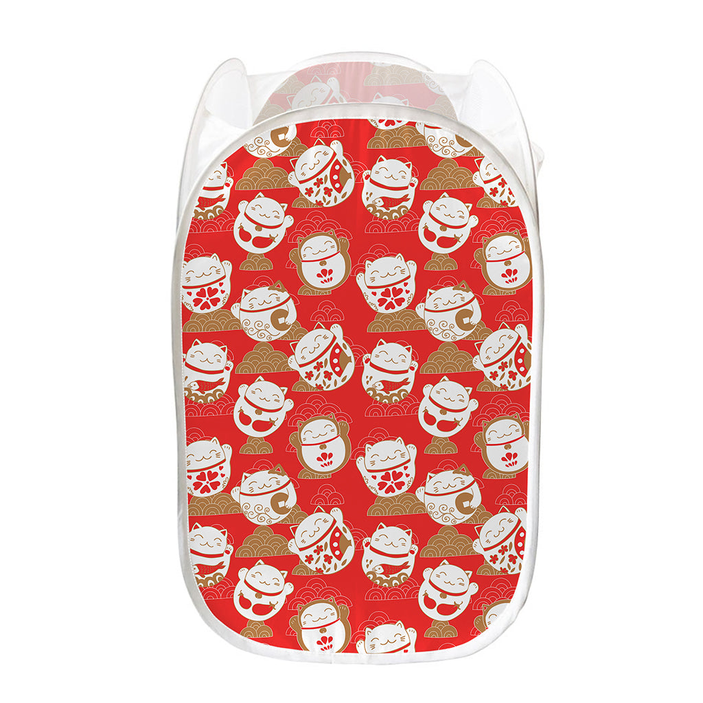 Japanese Lucky Cat Pattern Print Mesh Laundry Hamper