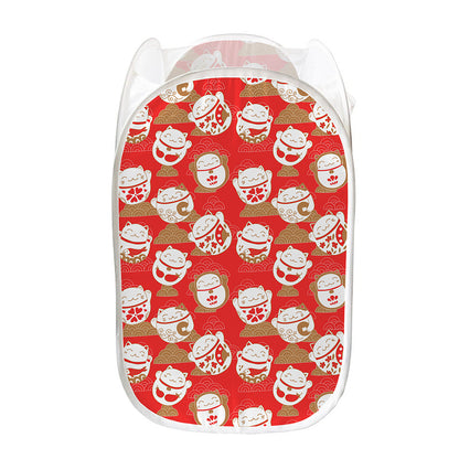 Japanese Lucky Cat Pattern Print Mesh Laundry Hamper
