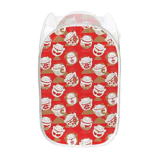 Japanese Lucky Cat Pattern Print Mesh Laundry Hamper