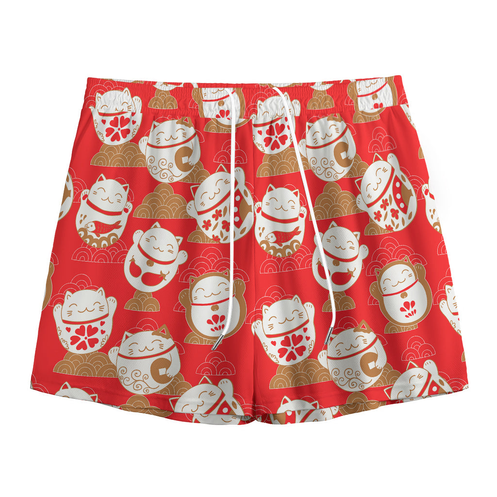 Japanese Lucky Cat Pattern Print Mesh Shorts