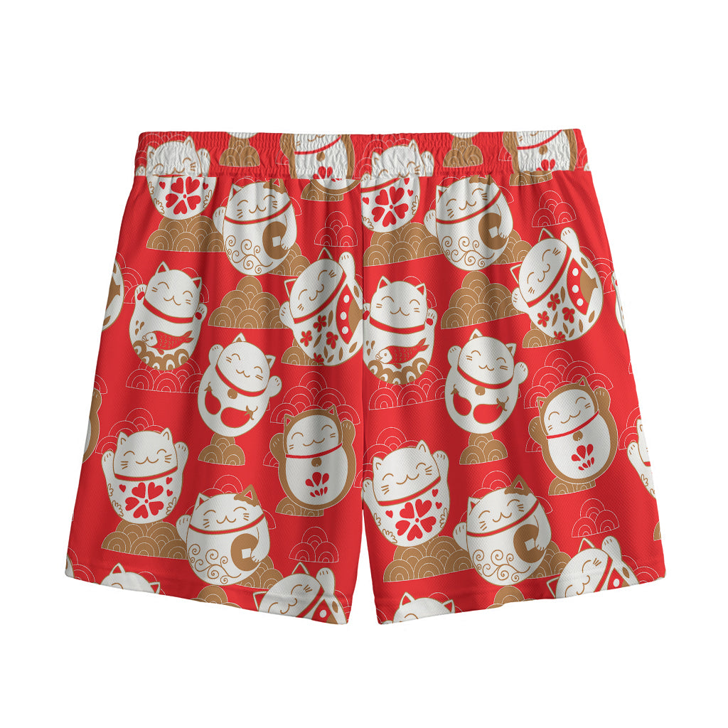 Japanese Lucky Cat Pattern Print Mesh Shorts