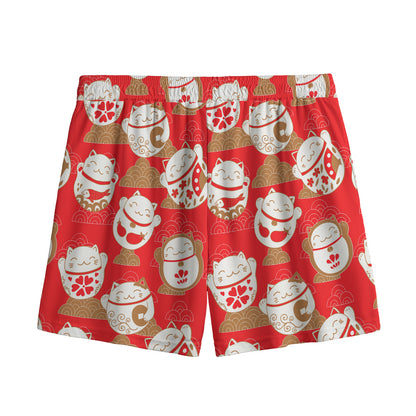 Japanese Lucky Cat Pattern Print Mesh Shorts