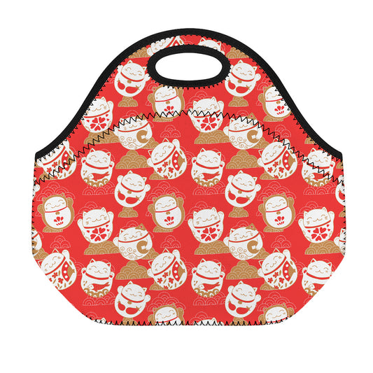 Japanese Lucky Cat Pattern Print Neoprene Lunch Bag