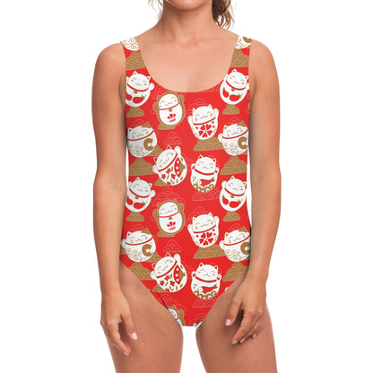 Japanese Lucky Cat Pattern Print One Piece Swimsuit