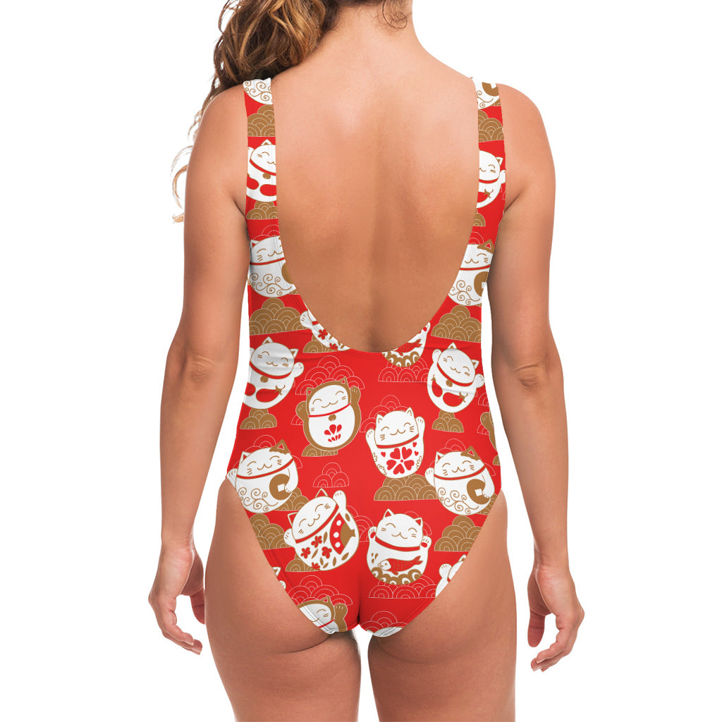 Japanese Lucky Cat Pattern Print One Piece Swimsuit
