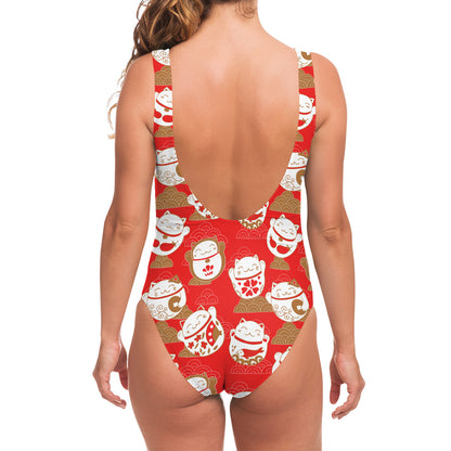 Japanese Lucky Cat Pattern Print One Piece Swimsuit