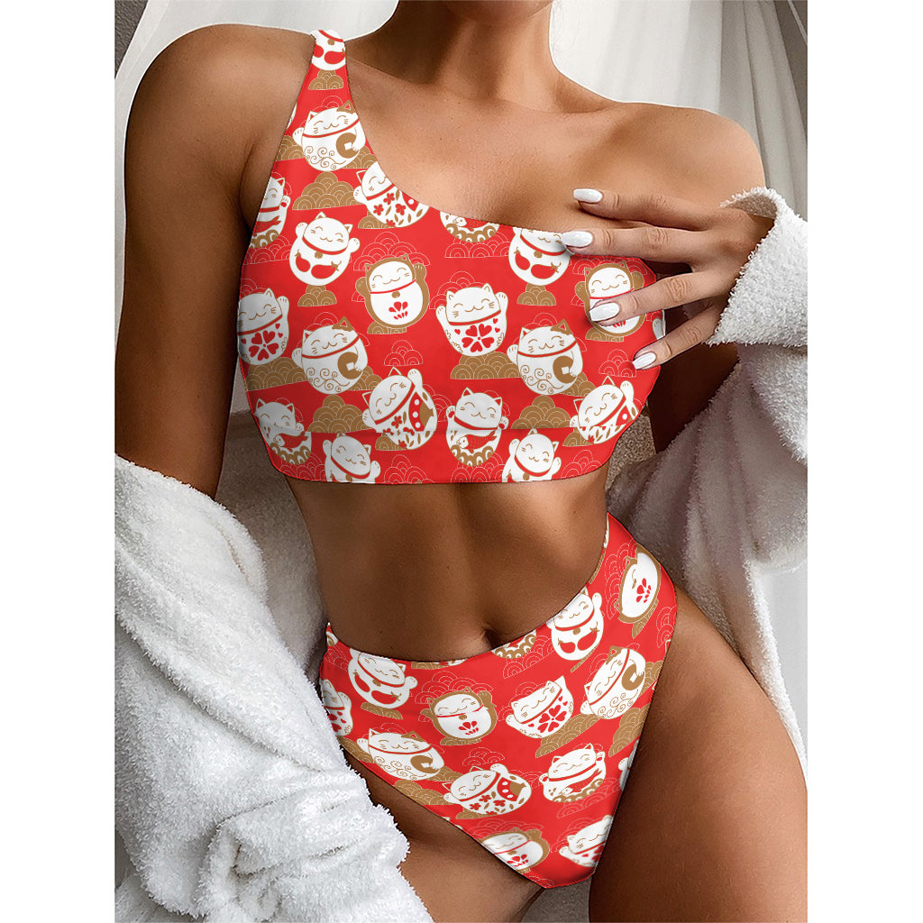 Japanese Lucky Cat Pattern Print One Shoulder Bikini Top
