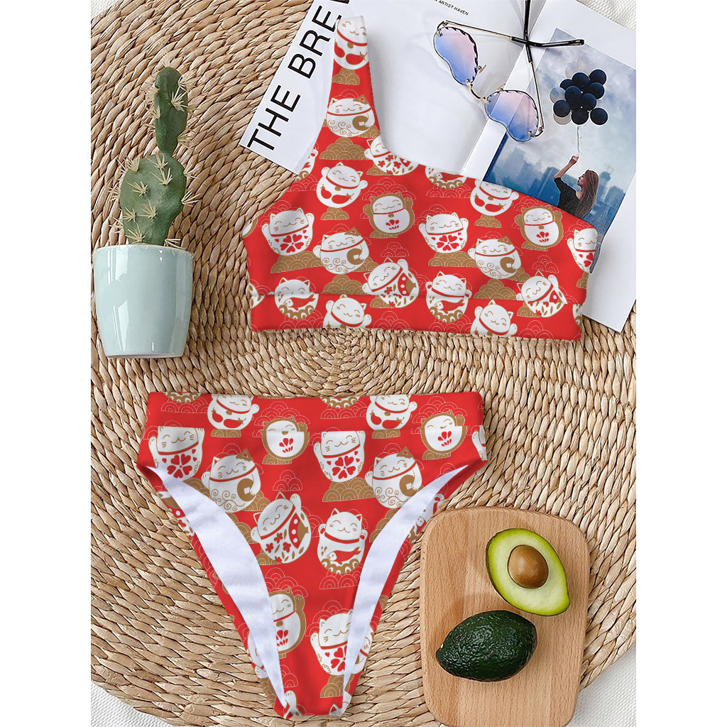 Japanese Lucky Cat Pattern Print One Shoulder Bikini Top