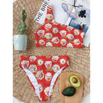 Japanese Lucky Cat Pattern Print One Shoulder Bikini Top