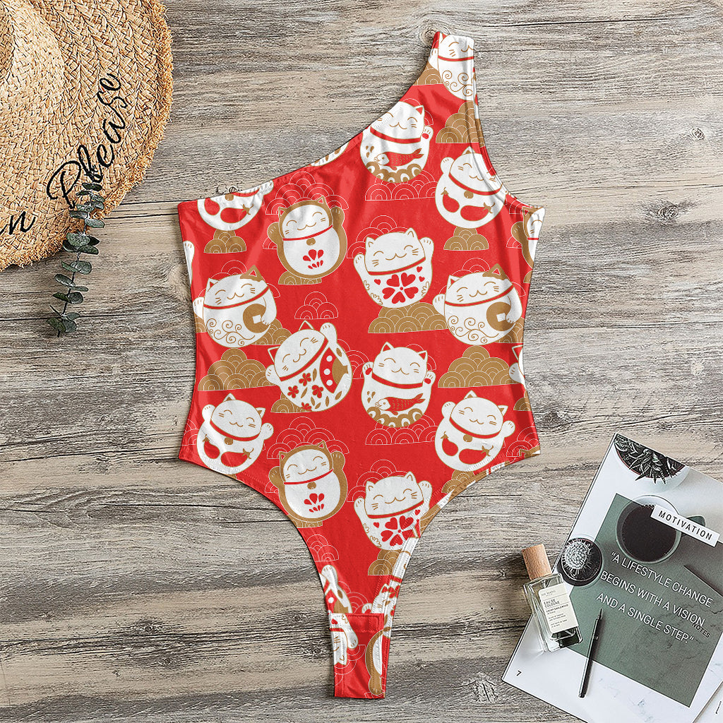 Japanese Lucky Cat Pattern Print One Shoulder Bodysuit