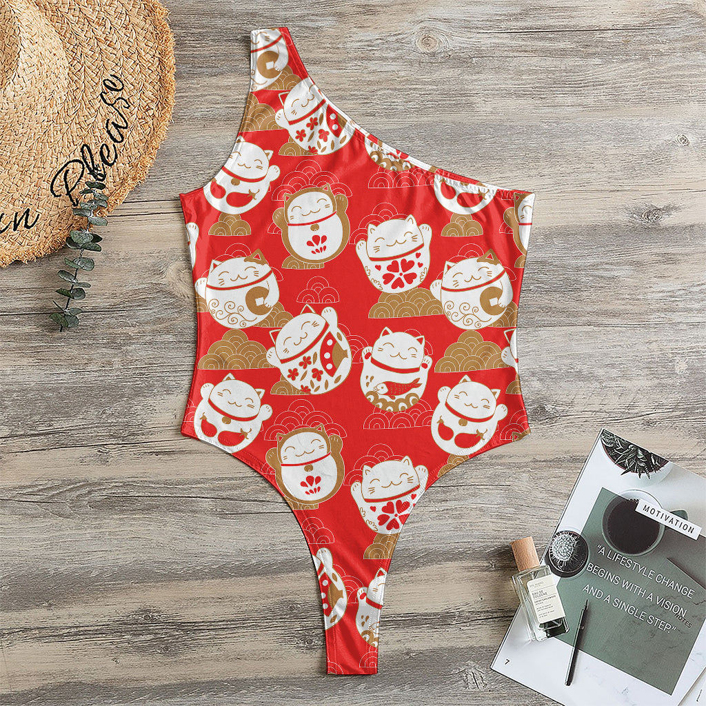 Japanese Lucky Cat Pattern Print One Shoulder Bodysuit